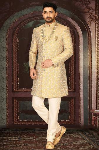 Yellow anghrakha pattern work indo western