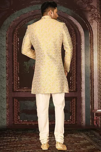 Yellow anghrakha pattern work indo western