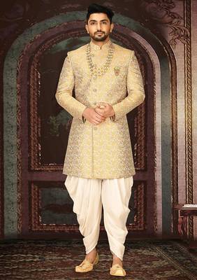 Yellow anghrakha pattern work indo western 1
