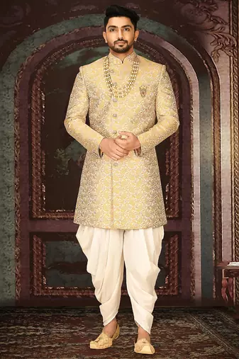 Yellow anghrakha pattern work indo western