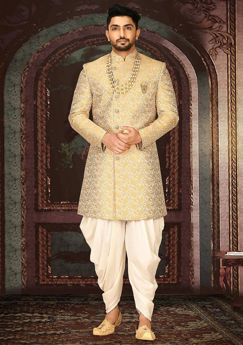 Yellow anghrakha pattern work indo western