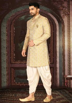 Yellow anghrakha pattern work indo western 3