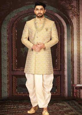 Yellow anghrakha pattern work indo western 1