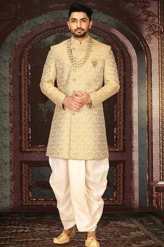 Yellow anghrakha pattern work indo western