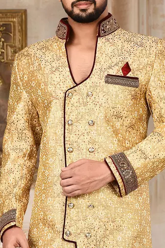 Gold anghrakha pattern work on zari jamewar fabric with handwork