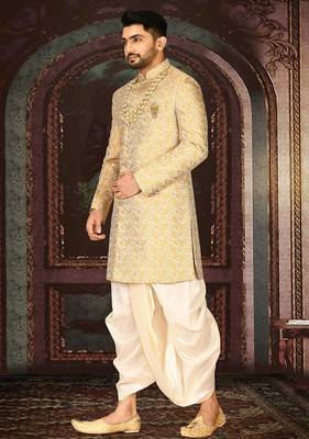 Yellow anghrakha pattern work indo western 3