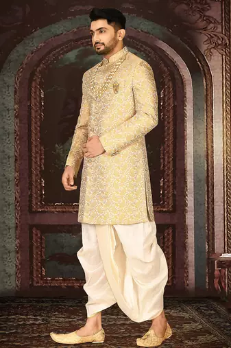 Yellow anghrakha pattern work indo western