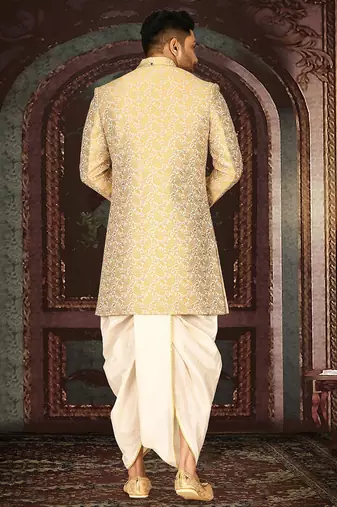 Yellow anghrakha pattern work indo western