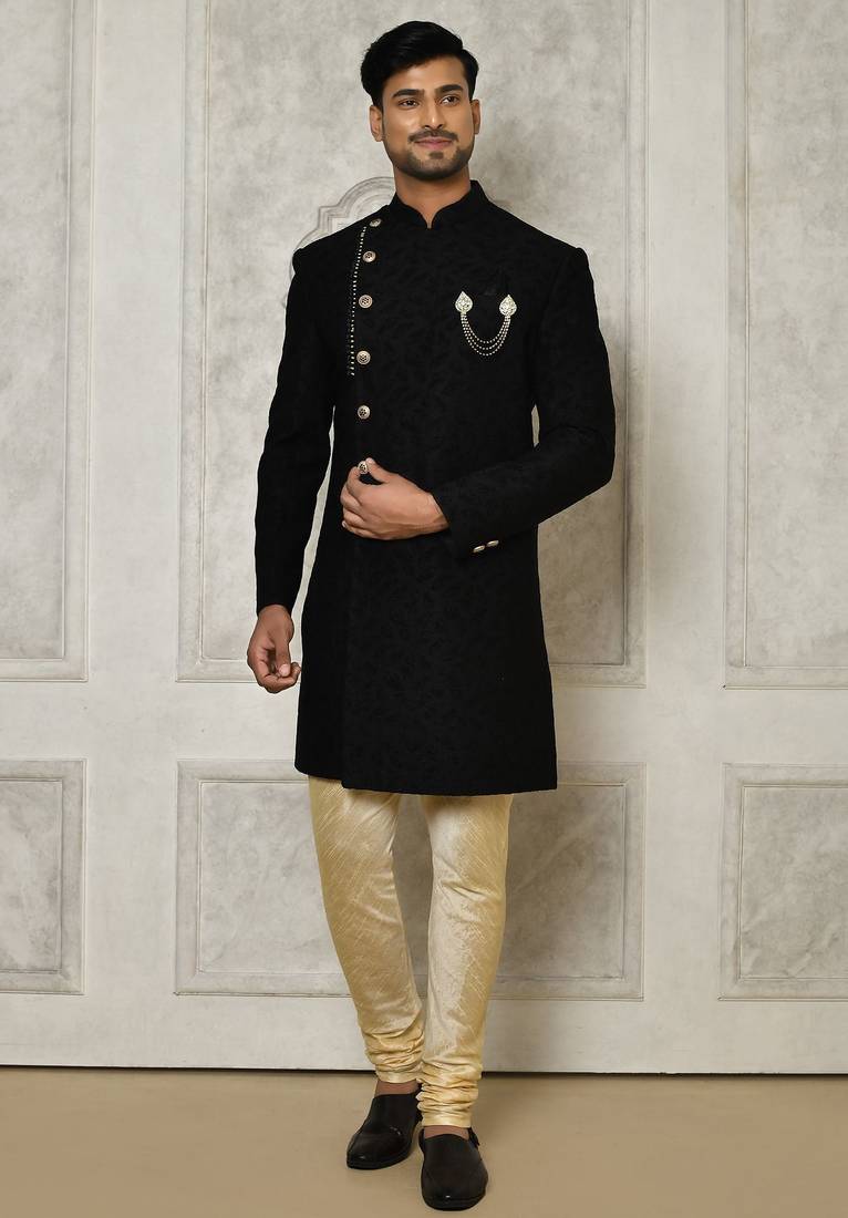 Black anghrakha pattern work indo western