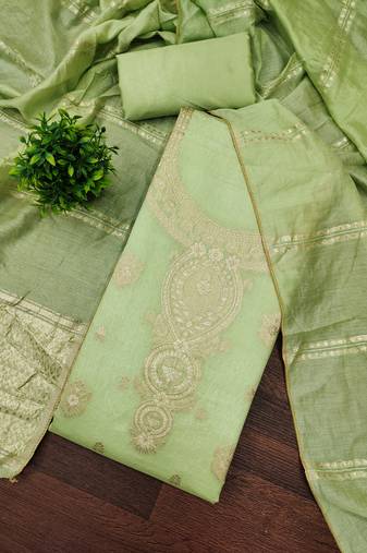 Elegant light green woven zari unstitched salwar suit with dupatta