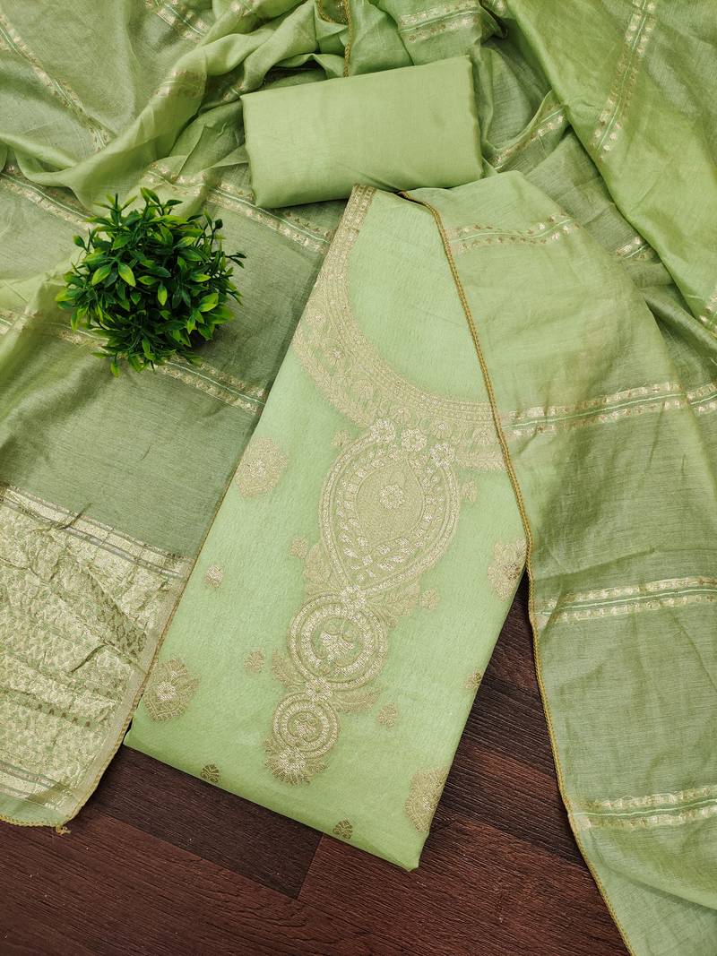 Elegant light green woven zari unstitched salwar suit with dupatta