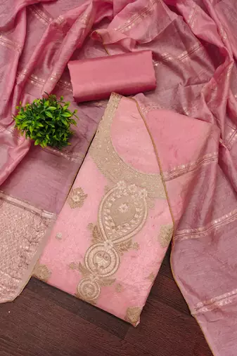 Elegant pink woven zari unstitched salwar suit with dupatta