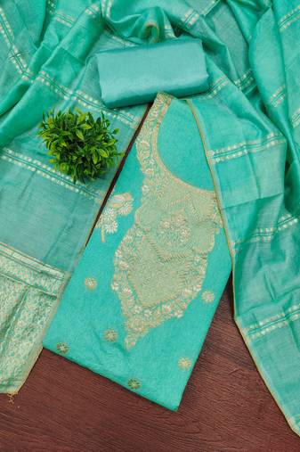Premium sea green heavy zari woven unstitched salwar suit with dupatta