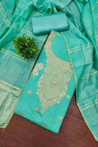 Premium sea green heavy zari woven unstitched salwar suit with dupatta