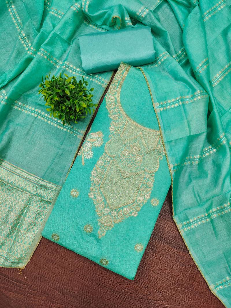 Premium sea green heavy zari woven unstitched salwar suit with dupatta