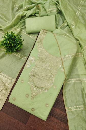 Premium light green heavy zari woven unstitched salwar suit with dupatta