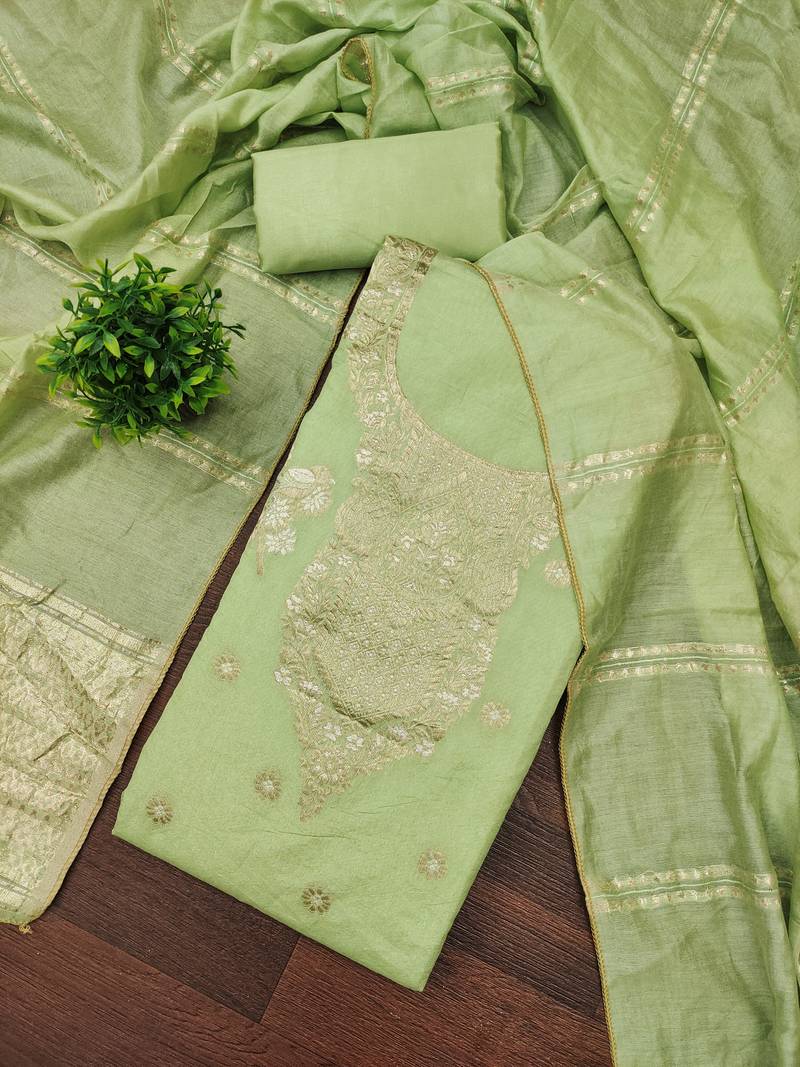 Premium light green heavy zari woven unstitched salwar suit with dupatta