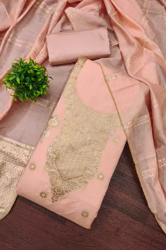 Premium peach heavy zari woven unstitched salwar suit with dupatta