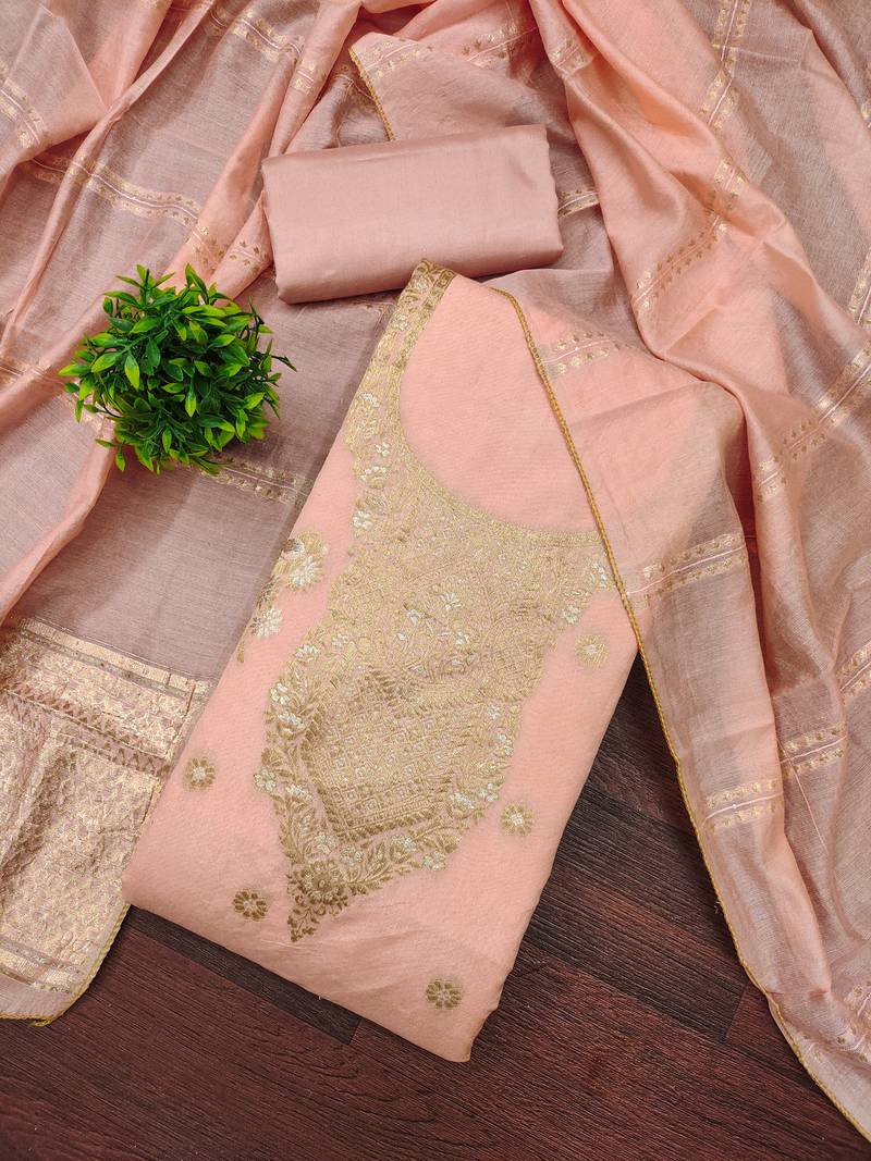 Premium peach heavy zari woven unstitched salwar suit with dupatta