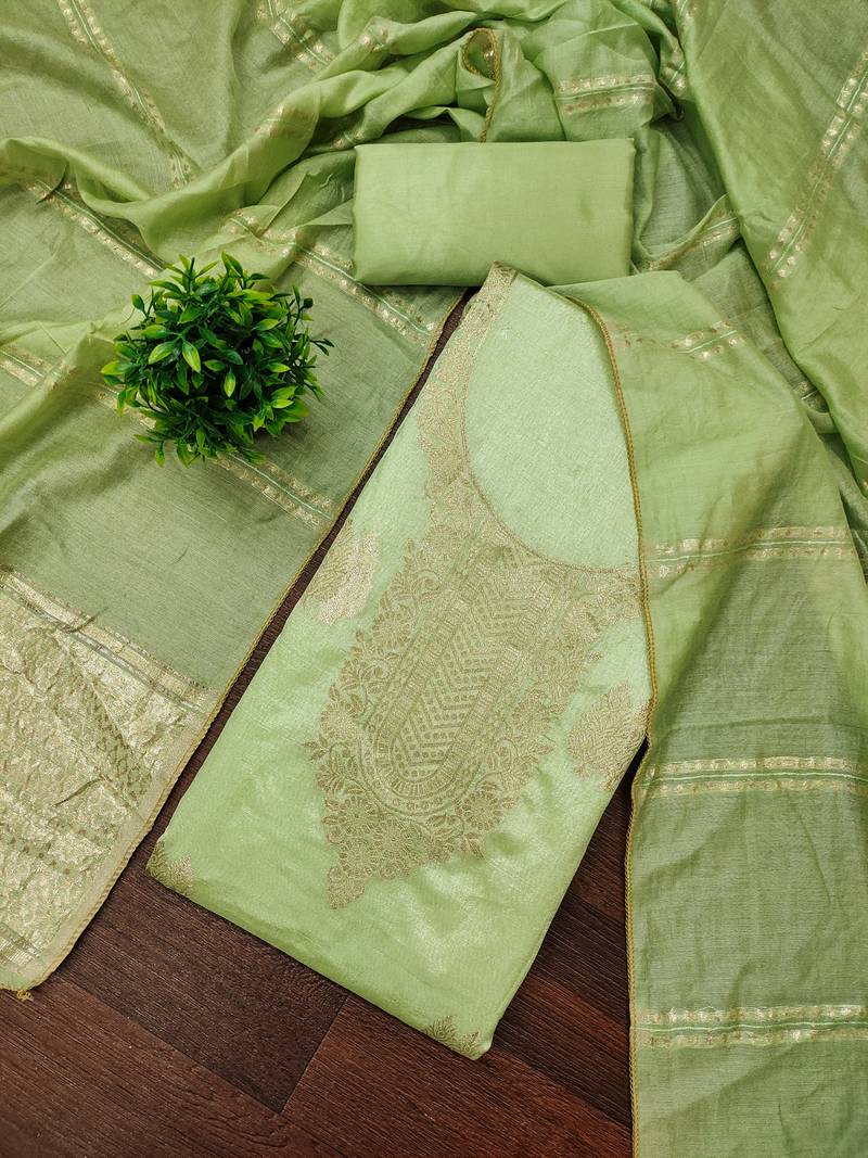 Elegant light green zari woven unstitched salwar suit with dupatta