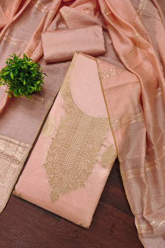 Elegant peach zari woven unstitched salwar suit with dupatta
