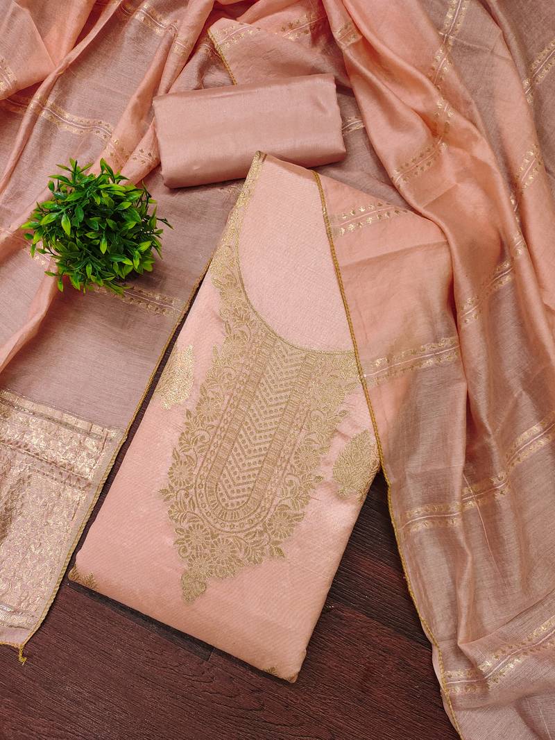 Elegant peach zari woven unstitched salwar suit with dupatta