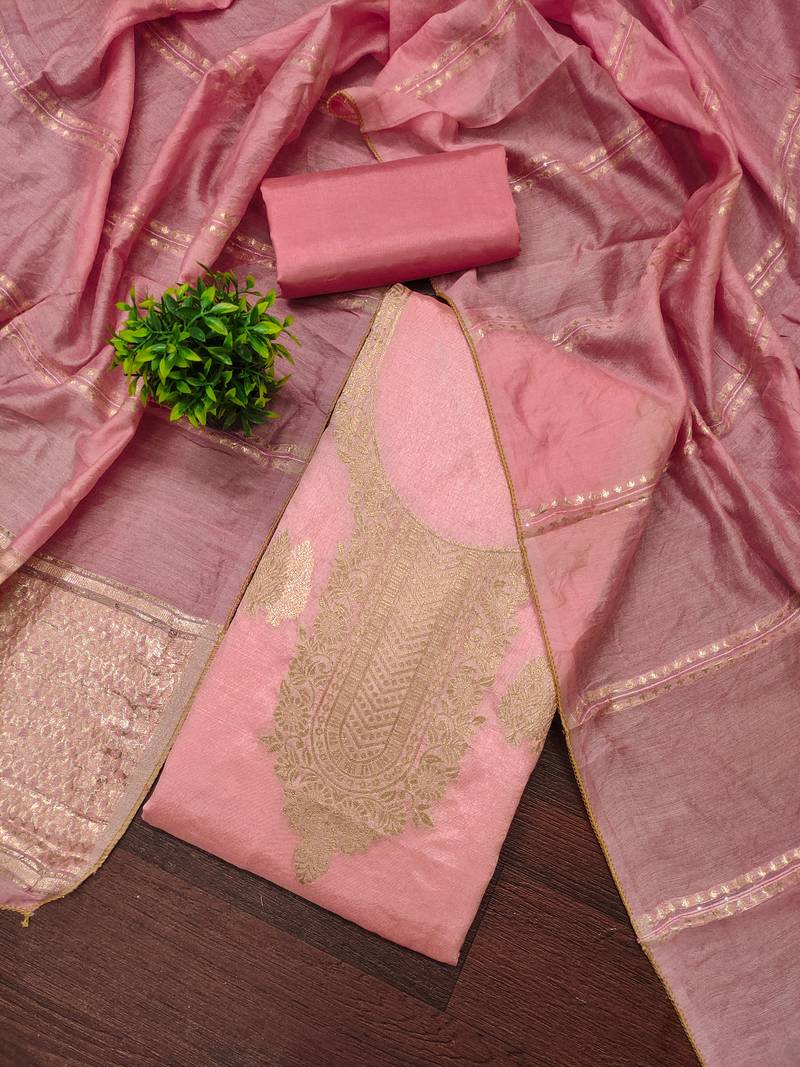 Elegant pink zari woven unstitched salwar suit with dupatta