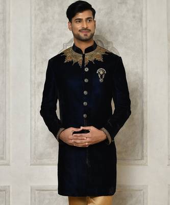 Navy blue straight pattern work on handwork on neckline indo western 1
