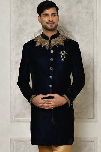 Navy blue straight pattern work on handwork on neckline indo western