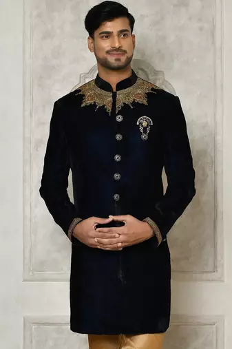 Navy blue straight pattern work on handwork on neckline indo western