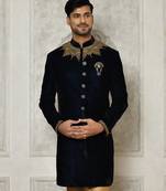 Navy blue straight pattern work on handwork on neckline indo western