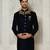 Navy blue straight pattern work on handwork on neckline indo western