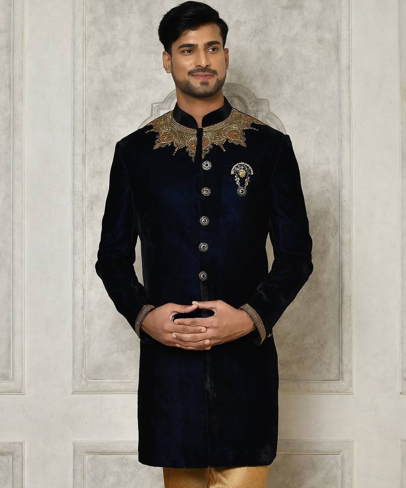 Navy blue straight pattern work on handwork on neckline indo western