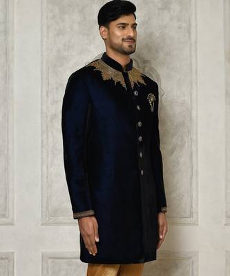 Navy blue straight pattern work on handwork on neckline indo western 2