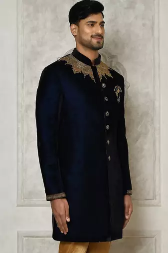 Navy blue straight pattern work on handwork on neckline indo western