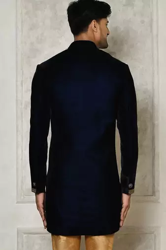 Navy blue straight pattern work on handwork on neckline indo western