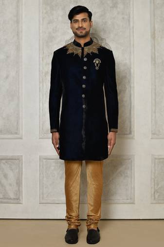 Navy blue straight pattern work on handwork on neckline indo western