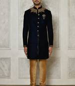 Navy blue straight pattern work on handwork on neckline indo western