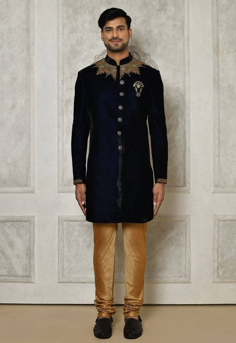 Navy blue straight pattern work on handwork on neckline indo western