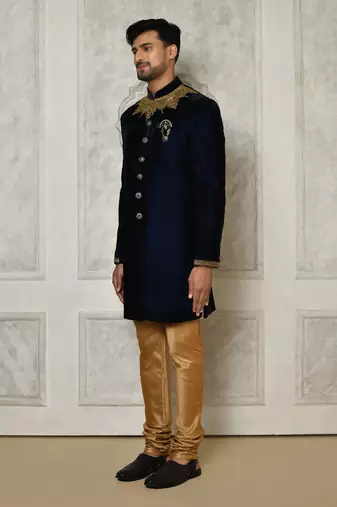 Navy blue straight pattern work on handwork on neckline indo western