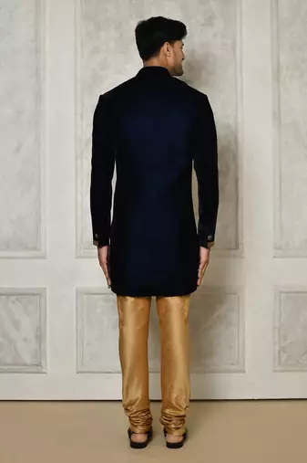 Navy blue straight pattern work on handwork on neckline indo western