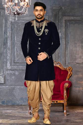 Navy blue straight pattern work on handwork on neckline indo western