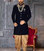 Navy blue straight pattern work on handwork on neckline indo western