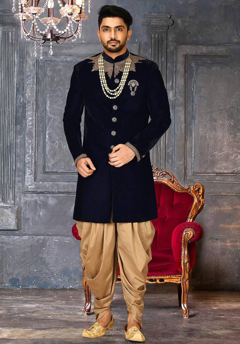 Navy blue straight pattern work on handwork on neckline indo western
