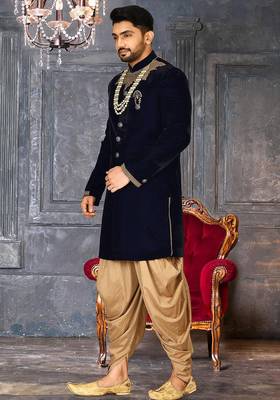 Navy blue straight pattern work on handwork on neckline indo western 3