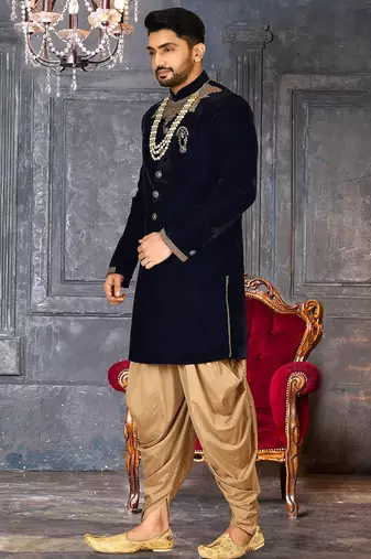 Navy blue straight pattern work on handwork on neckline indo western