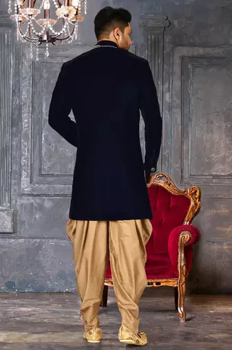 Navy blue straight pattern work on handwork on neckline indo western