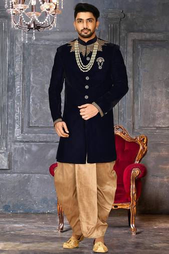 Navy blue straight pattern work on handwork on neckline indo western