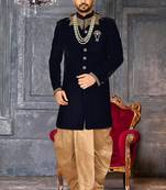 Navy blue straight pattern work on handwork on neckline indo western