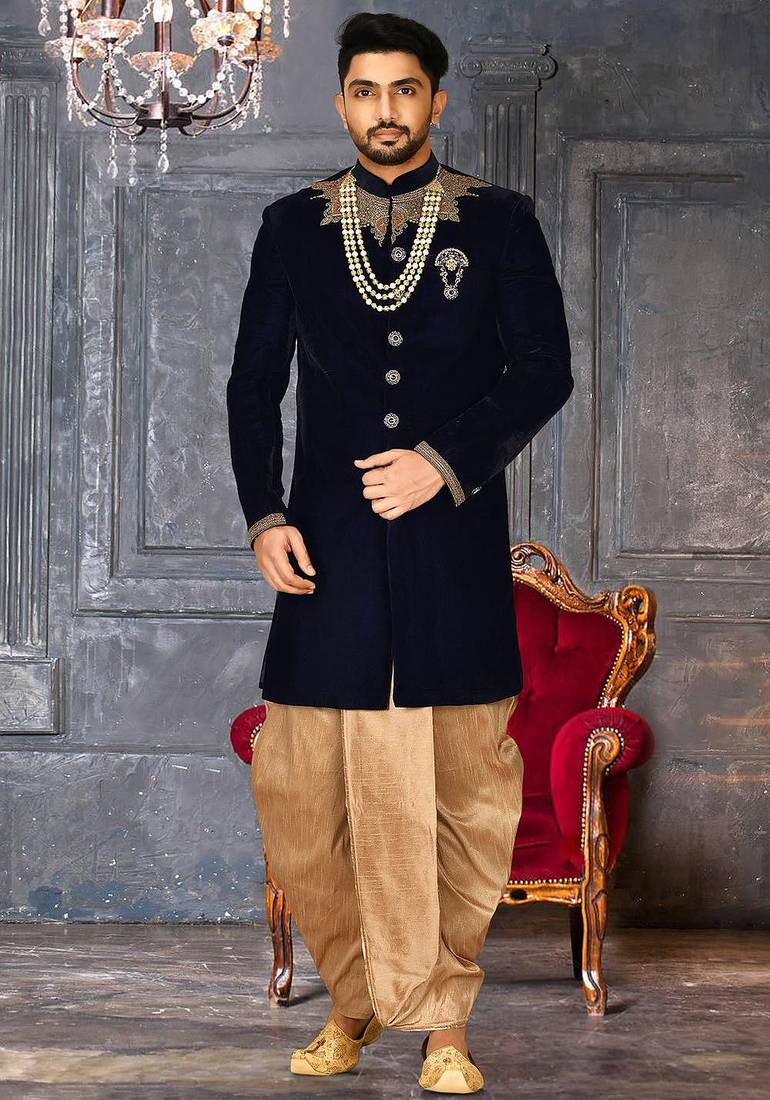 Navy blue straight pattern work on handwork on neckline indo western